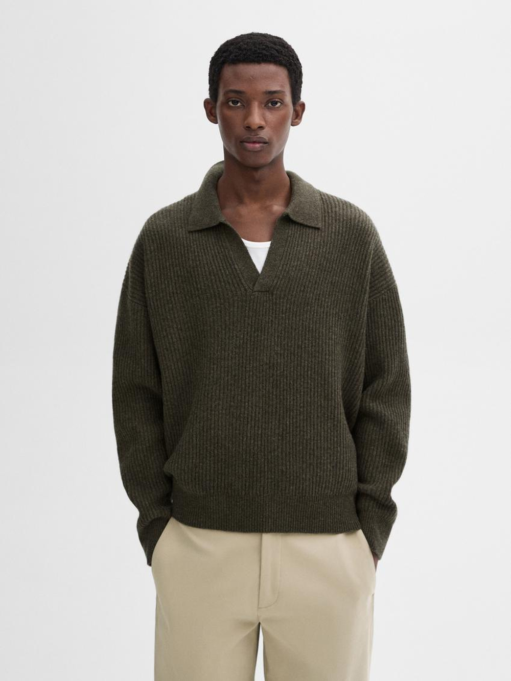 Massimo Dutti Шерстяной свитер с воротником поло, зеленоватый