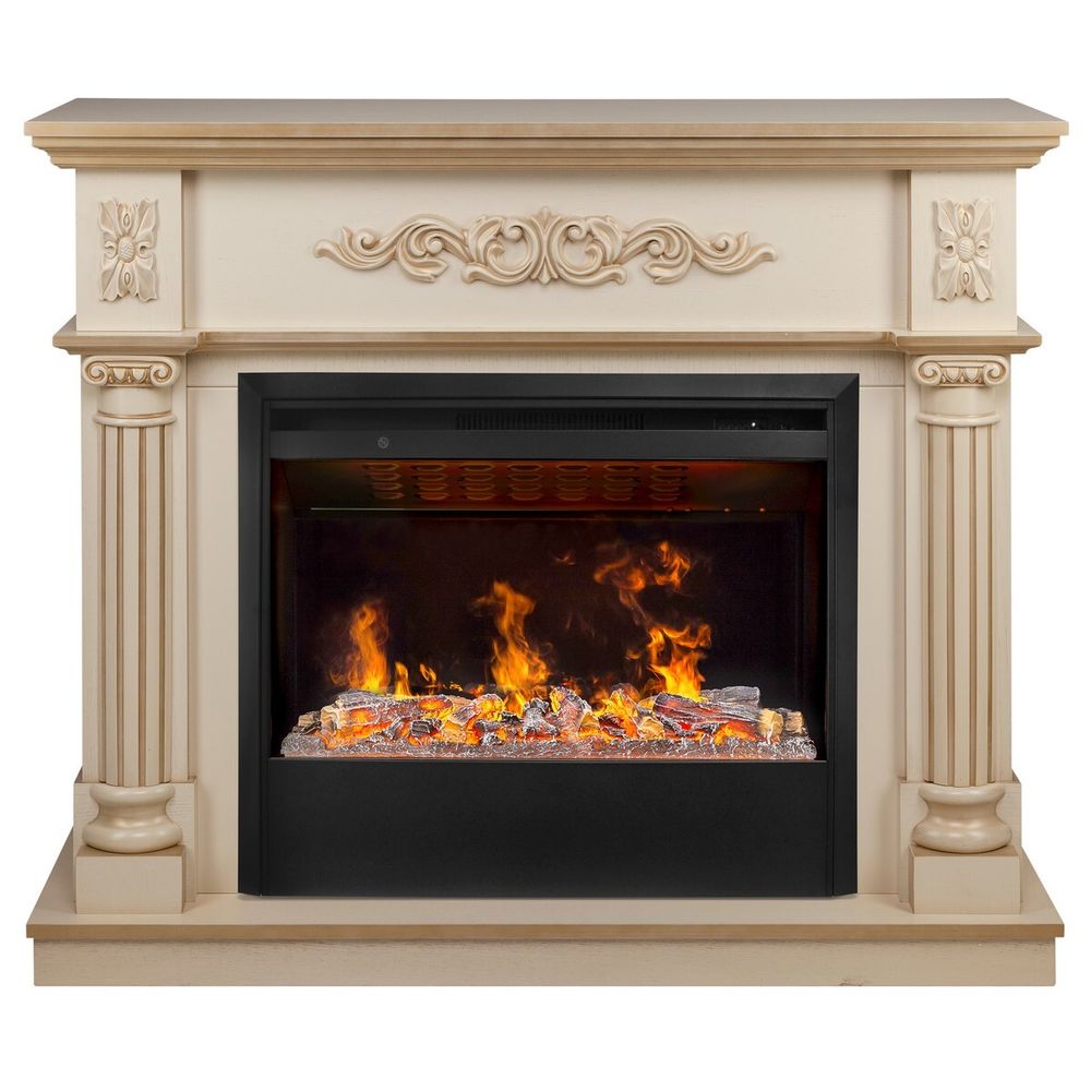 Электрокамин RealFlame Silvia 26 WT белый дуб с золотой патиной с очагом 3D Helios 26 SBG