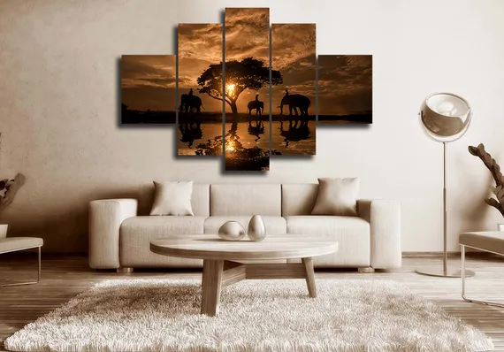 Модульная картина "Слоны на закате"