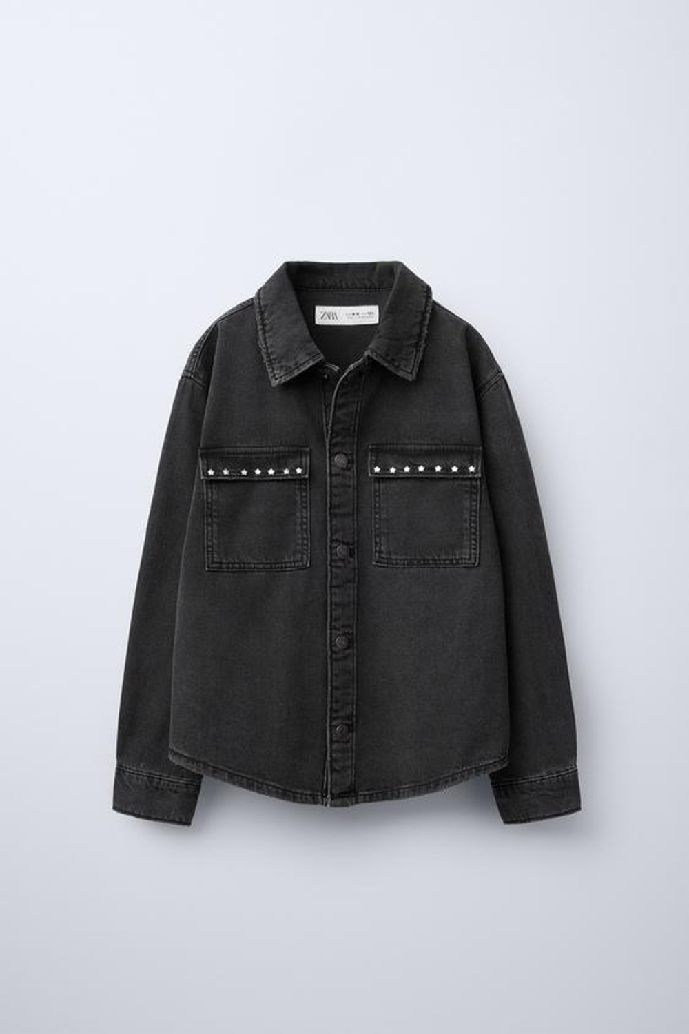 ZARA ДЖИНСОВАЯ РУБАШКА С ЗАКЛЕПКАМИ «ЗВЕЗДЫ», СЕРЫЙ