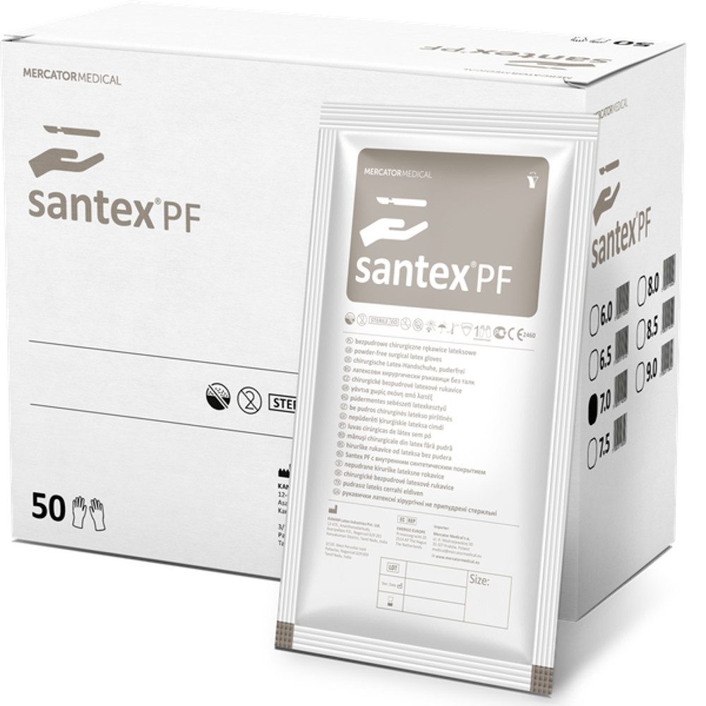 Перчатки Santex PF хирургические, размер 6,5, латексные, неопудренные, текстурированные, стерильные (50 пар упаковка)