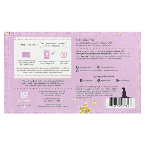 Grab Green, D Dry Sheets, для детей от 5 месяцев, Dreamy Rosewood с эфирными маслами, 80 компостируемых листов