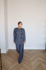 Приталенный двубортный пиджак с объемными плечами, Серый