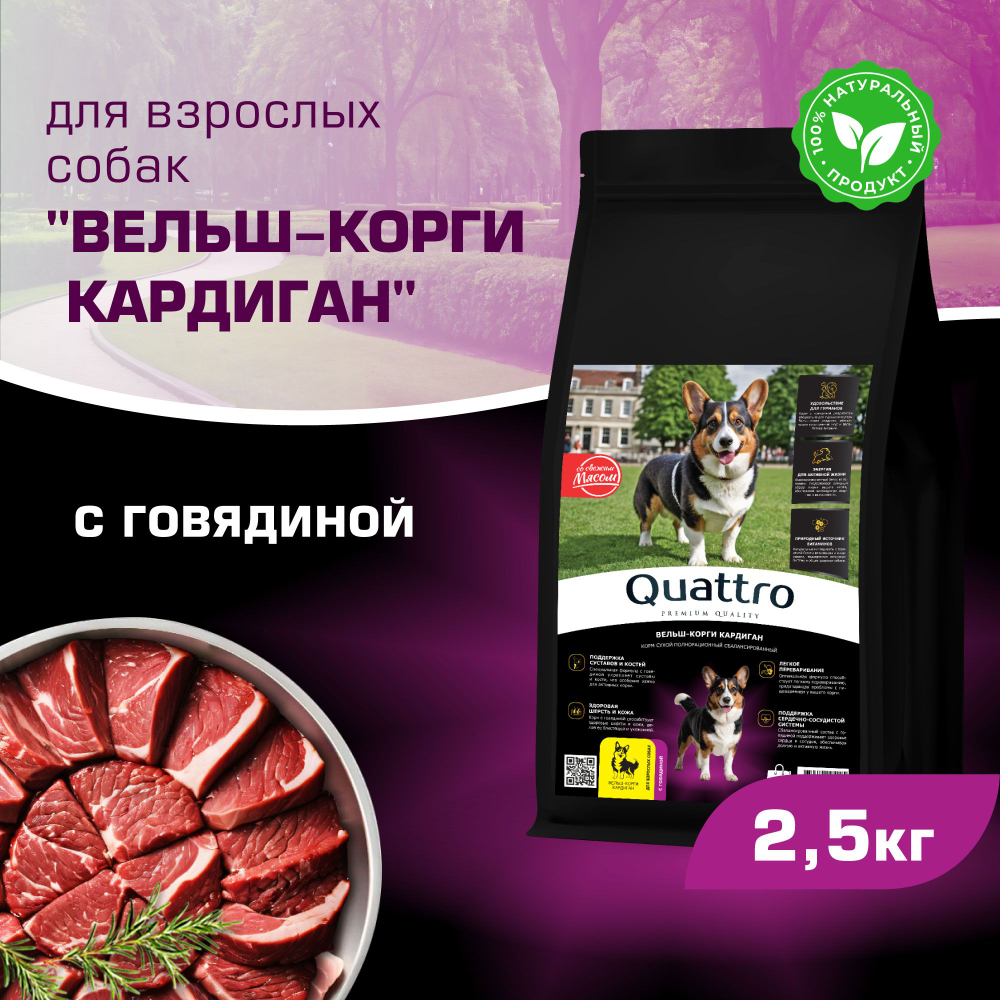 Корм для взрослых собак породы Вельш-корги кардиган, с говядиной, 2,5 кг, QUATTRO