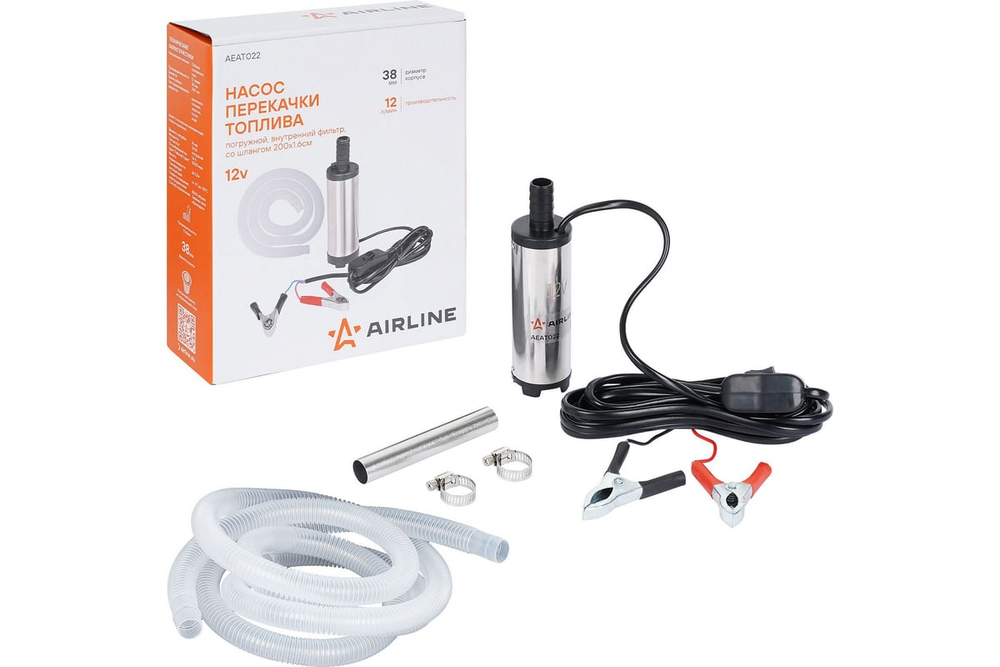 Насос перекачки диз. топлива погружной 12В, 38мм, 12л/мин, внутр. фильтр, шланг 200х1.6см AEAT022 AIRLINE