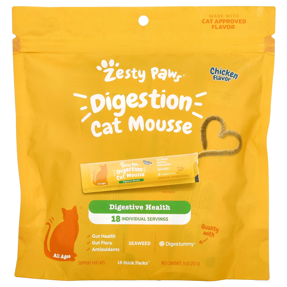 Zesty Paws, Мусс для пищеварения, для кошек, для всех возрастов, курица, 18 пакетиков, 252 г (9 унций)