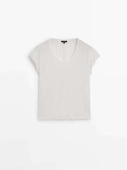 Massimo Dutti Футболка с короткими рукавами из смесового льна, натуральный, кремовый