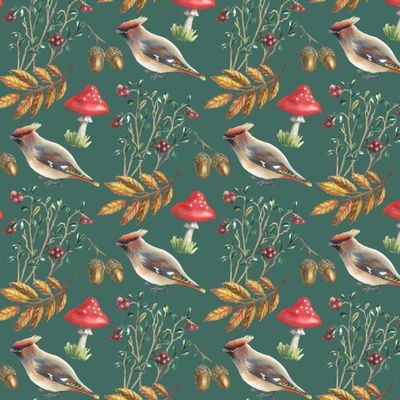 Паттерн с мухоморами на зеленом