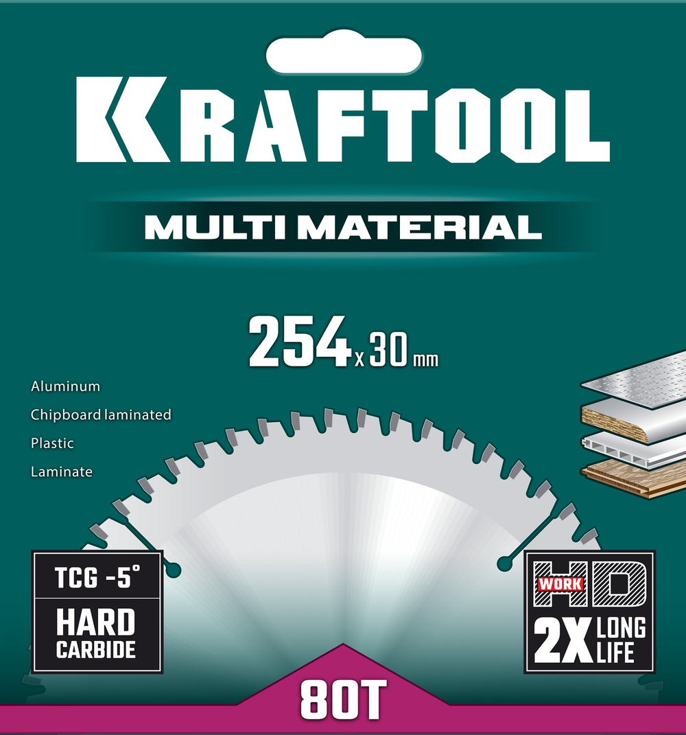 KRAFTOOL Multi Material, 254 х 30 мм, 80Т, пильный диск по алюминию (36953-254-30)