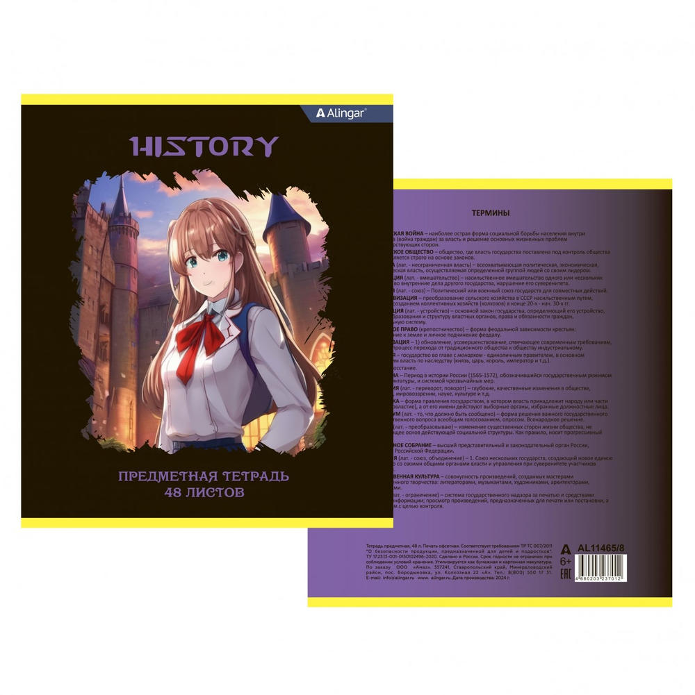 Комплект предметных тетрадей А5 48л., 10 предметов, со справ матер, скрепка, мелов. картон (стандарт), блок офсет, Alingar "Anime style"