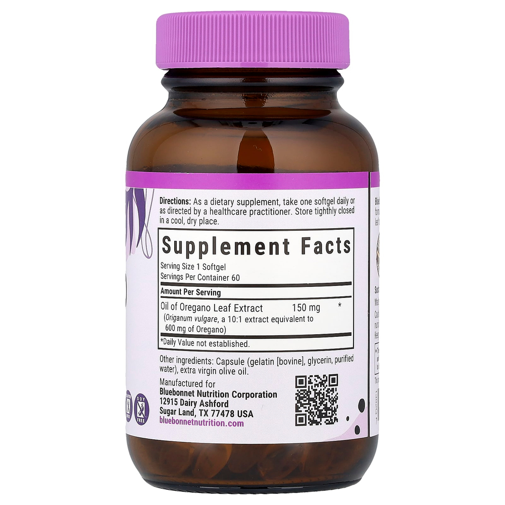 Bluebonnet Nutrition, масло орегано, экстракт листьев, 60 капсул (150 мг в каждой)