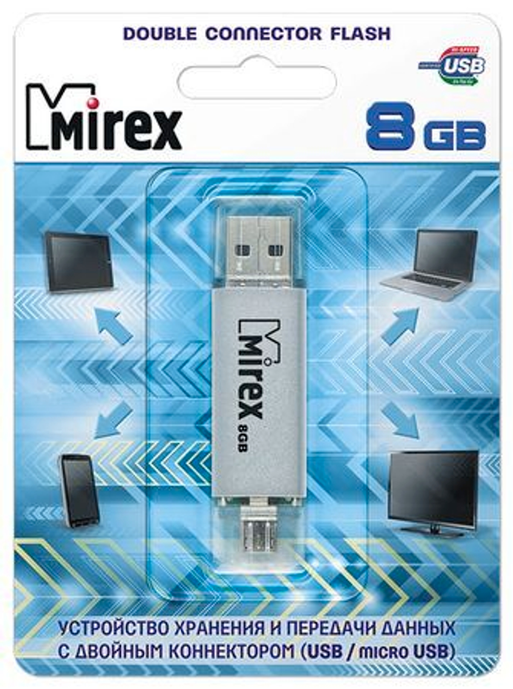USB карта памяти 8ГБ Mirex Smart Silver с двойным разъемом (13600-DCFSSM08)