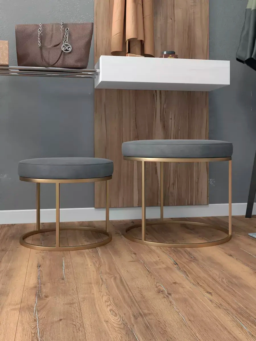 Комплект круглых банкеток - ЗСЕР - серое на золотом