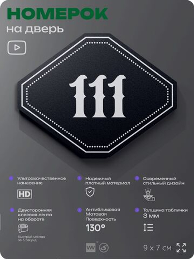 Номерок на дверь квартиры 111, для кабинета, офиса, шильдик 9 х 7 см, черный, Айдентика Технолоджи