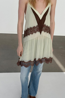 ZARA КОРОТКОЕ КОМБИНИРОВАННОЕ ПЛАТЬЕ С КРУЖЕВОМ, КОРИЧНЕВЫЙ/ЗЕЛЕНЫЙ