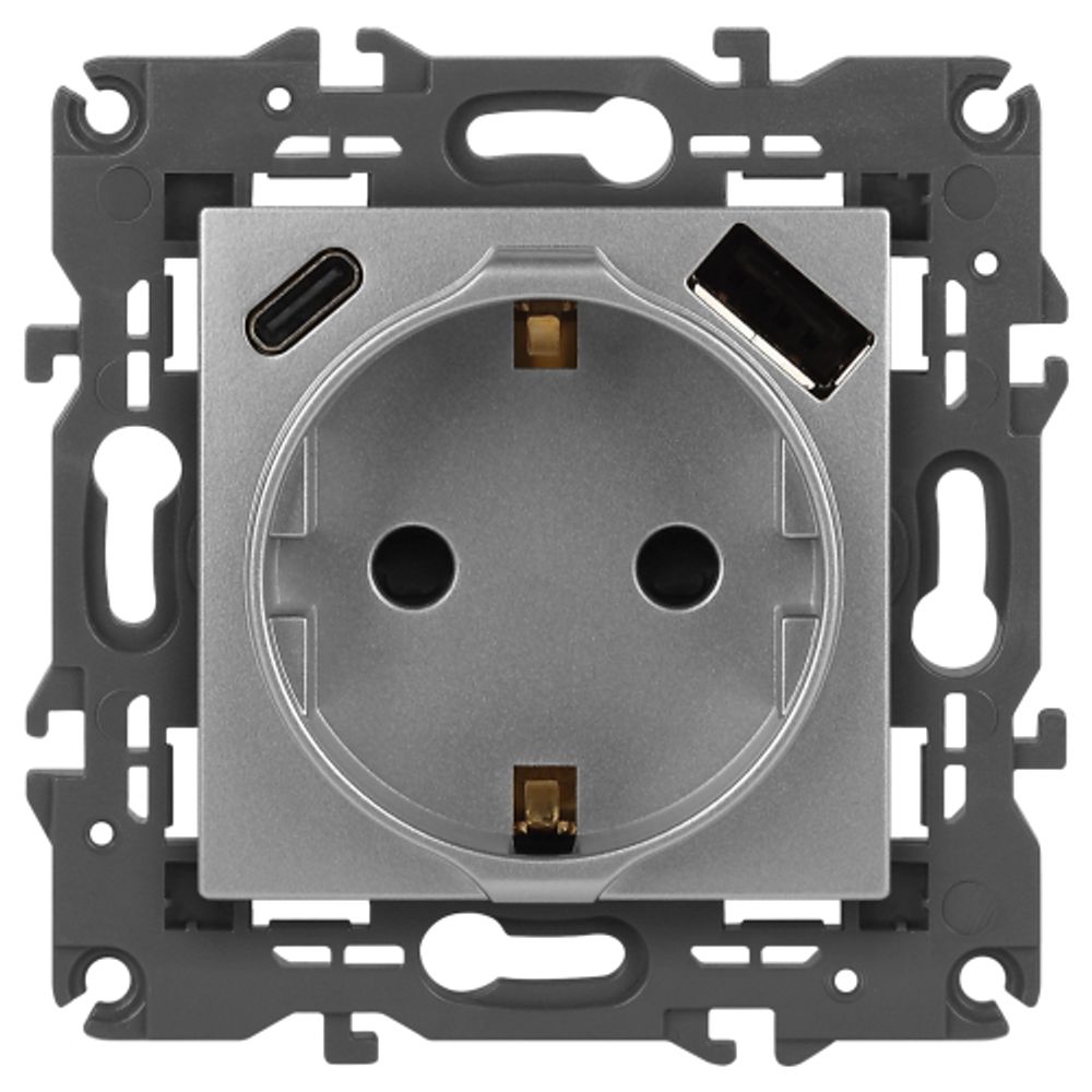 Розетка ЭРА Elegance 14-4108-03 2P+E 16A-250В со шторками с USB type-A+C 5В-3А алюминий | Розетки и выключатели