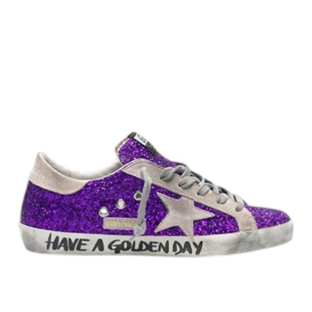 Кеды Женские GOLDEN GOOSE 'SUPERSTAR' with purple glitter and lettering on the foxing