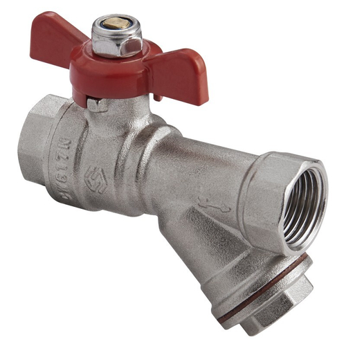 Кран латунный шаровой MVI BV.632, DN 15, PN 25, с фильтром, никелированный, полнопроходной, муфта-муфта, бабочка