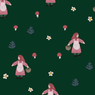 Девочка в дремучем лесу. Наивный милый сказочный принт