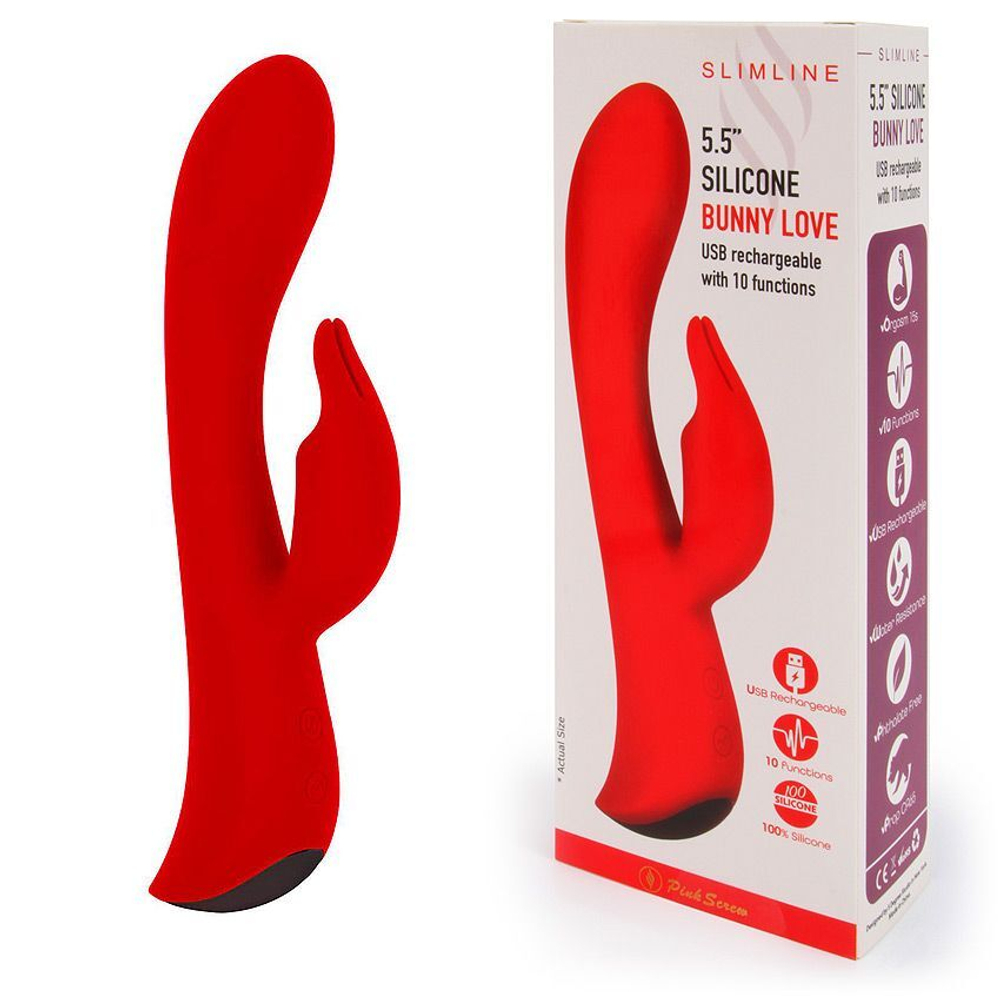 Красный вибромассажер-кролик 5 Silicone Bunny Love - 19,1 см. (Цвет: красный)