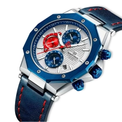 Часы наручные кварцевые NAVIFORCE на кожаном ремешке, серебристый/синий W8750-01