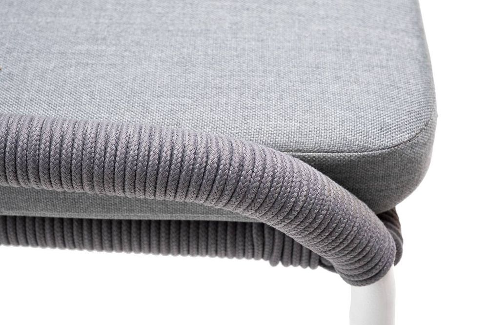 "Милан" стул плетеный из роупа, каркас алюминий белый муар, роуп светло-серый круглый, ткань светло-серая