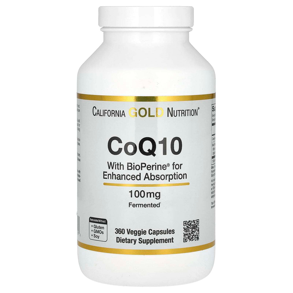 California Gold Nutrition, коэнзим Q10, убихинон класса USP с экстрактом чёрного перца Bioperine®, улучшенная биодоступность, 100 мг, 360 растительных капсул