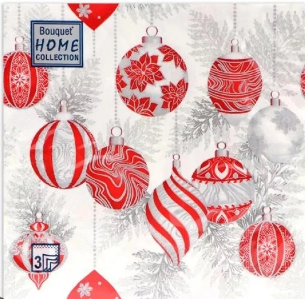 Салфетки бумажные 33*33 Home Collection Classic Красные игрушки на серебре, 3 сл., 20л