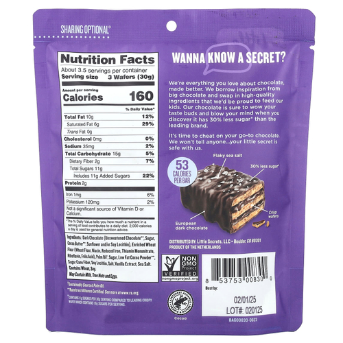 Little Secrets, Mini Crispy Wafers, темный шоколад с морской солью, 100 г (3,5 унции)