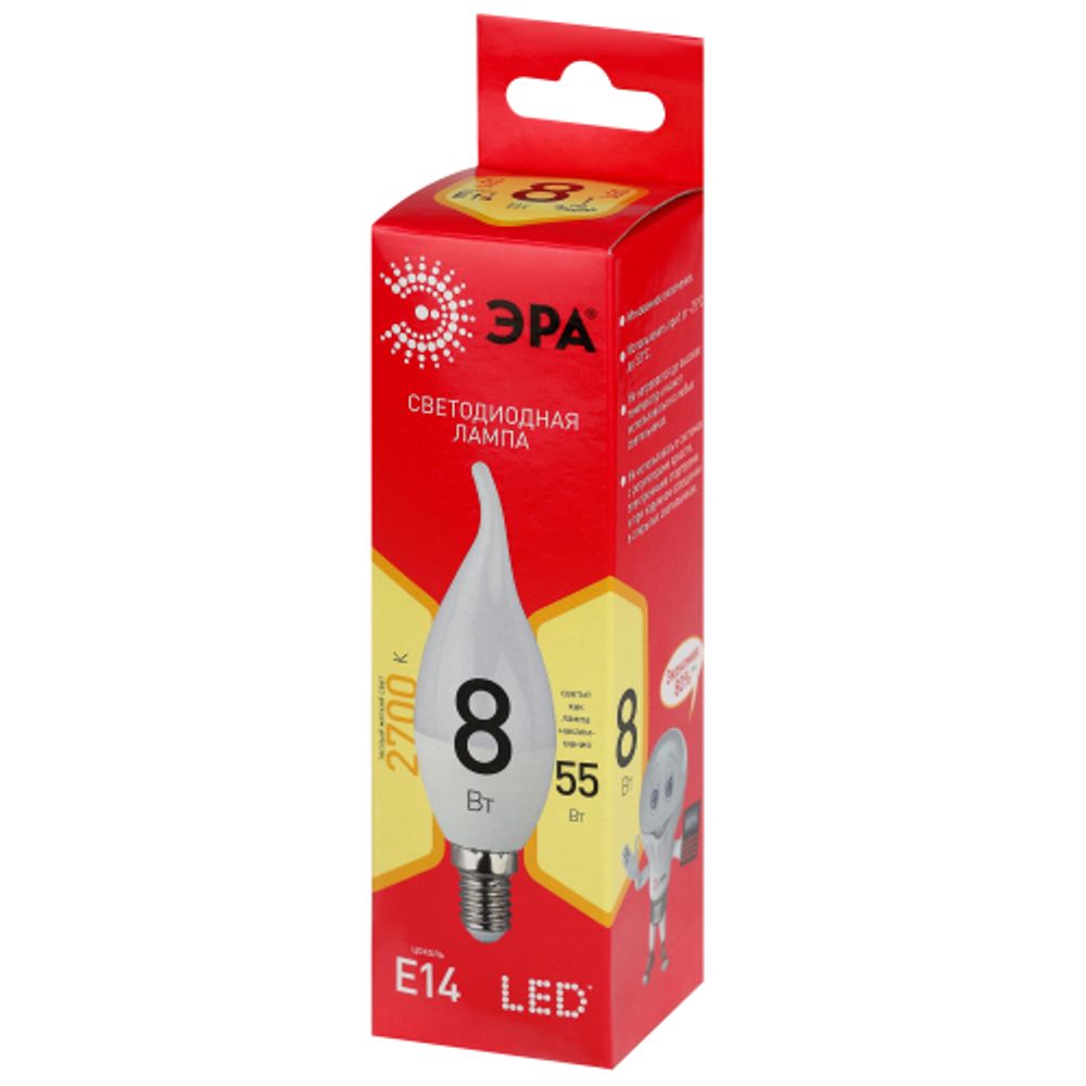 Лампа светодиодная ЭРА RED LINE LED BXS-8W-827-E14 R 8Вт свеча на ветру теплый белый свет E14 | Лампы cветодиодные Свеча (B/C)