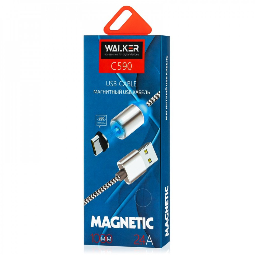 Кабель USB-8-pin WALKER C590, магнитный, черный металл штекер, 1м, круглый черный ткань