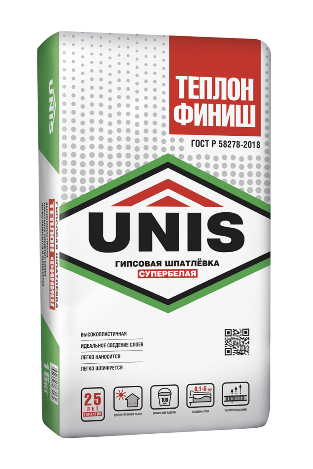 Шпатлёвка UNIS ТЕПЛОН ФИНИШ гипсовая супербелая финишная 15 кг