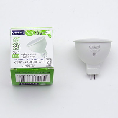 Лампа светодиодная GENERAL, MR16GU5.3, 10Вт, 630Лм, 4500К(10/100)