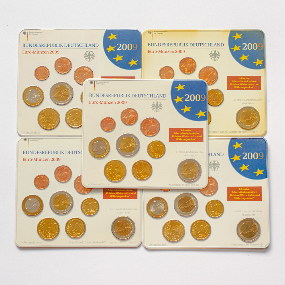 Germany 2009 Year Set (A, D, F, G, J) + 5 x 2 Euro: "Ludwigskirche in Saarbrücken" and "10th Anniversary of Economic and Monetary Union"