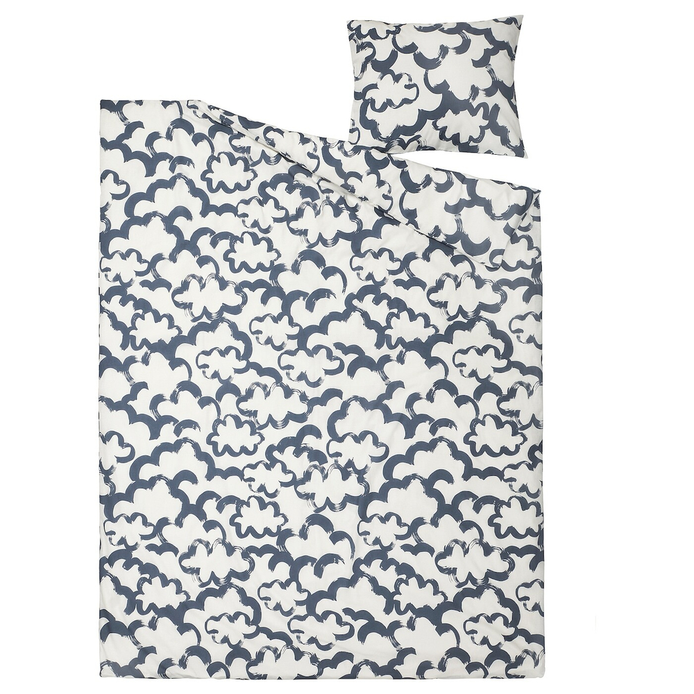 IKEA EKPURPURMAL  (ИКЕА ЕКПУРПУРМАЛ)  -  Пододеяльник и наволочка, бело-голубой/облако, 150x200/50x60 см