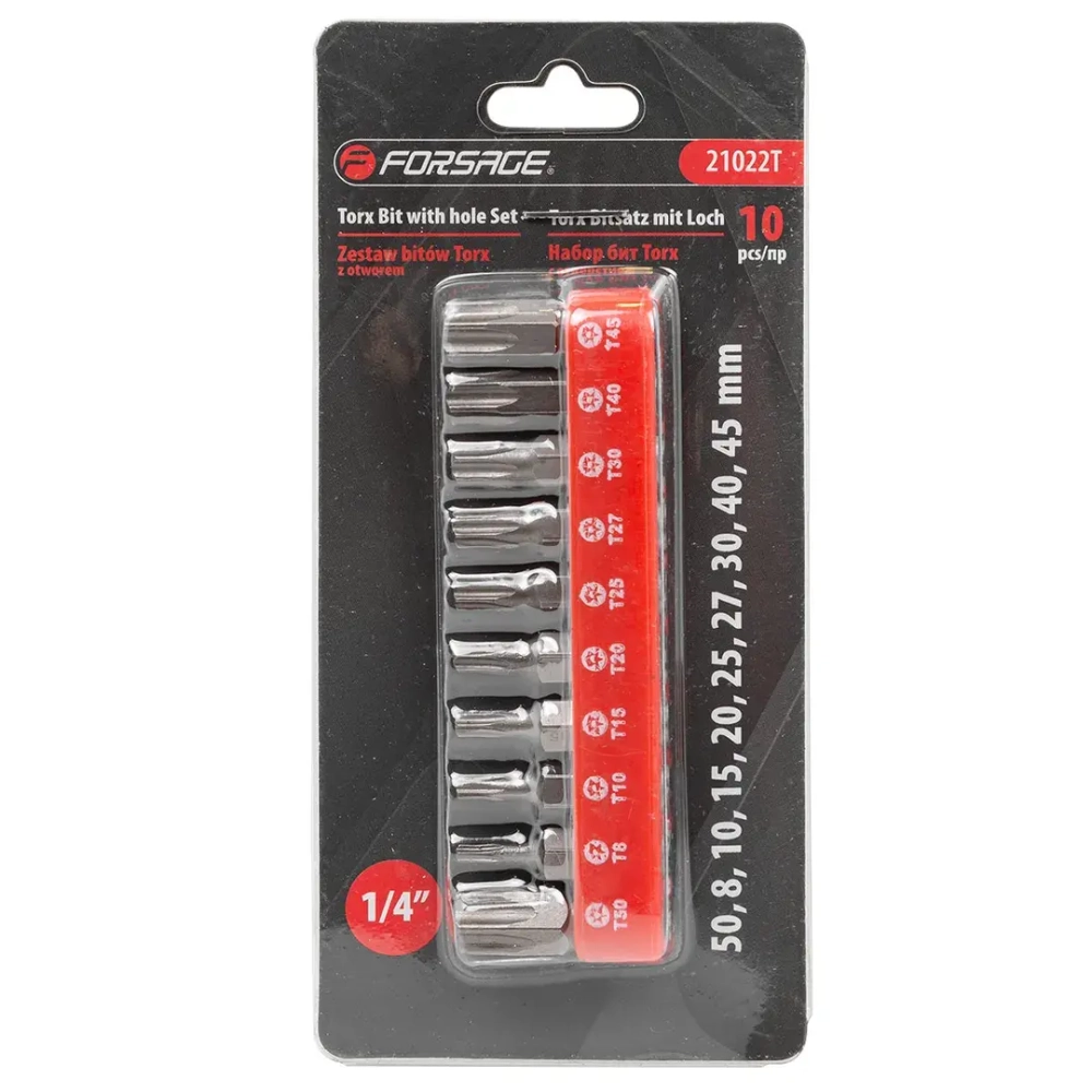 Набор бит TORX с отверстием 10пр. 1/4''(TН 7,8,9,10,15,20,25,27,30,40-25мм),в блистере Forsage F-21022T