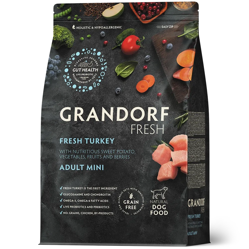 Grandorf Fresh, Fresh Turkey & Adult Mini для собак мелких пород (Свежее мясо индейки с бататом)