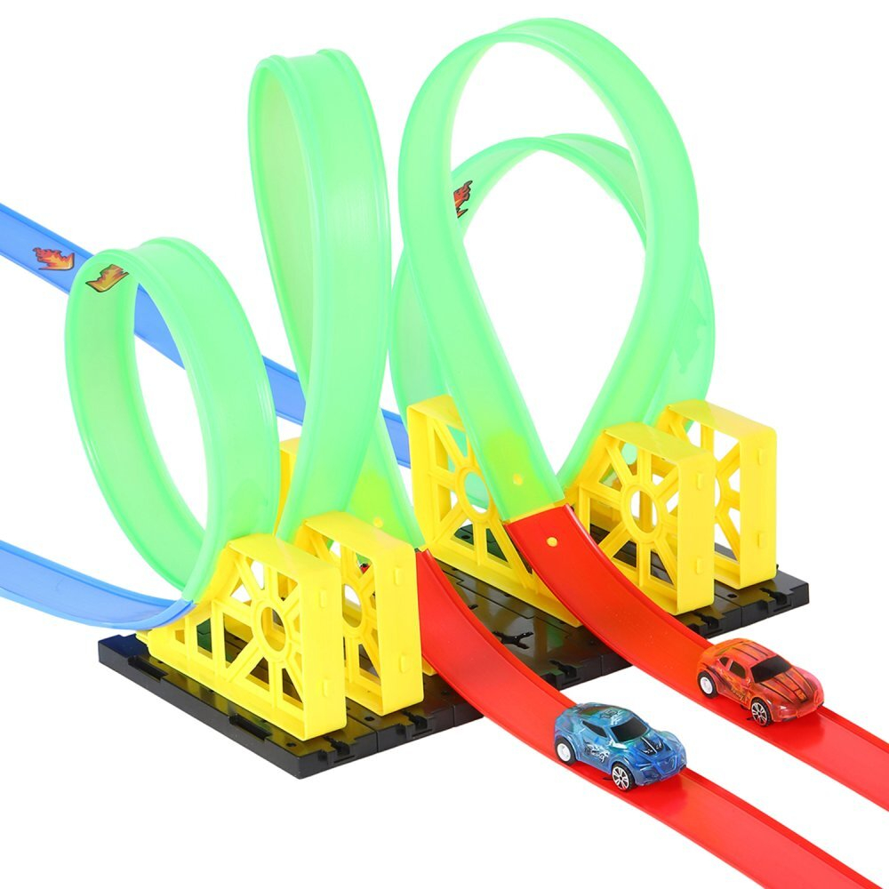 0404199/Трек со светом с пусковым устройством, 3 мертвые петли и поворотная стена+ 2 инерц. машинки,