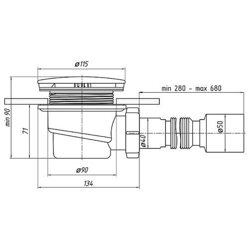 Сифон для душевого поддона АНИ Пласт 1 1/2 дюйма 90 мм высота 65 мм хром с гибкой трубой 40х50 мм (E325C)