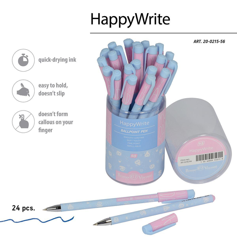 Ручка шариковая 0.5 мм, синяя "HappyWrite. Зефирные панды" (Bruno Visconti)