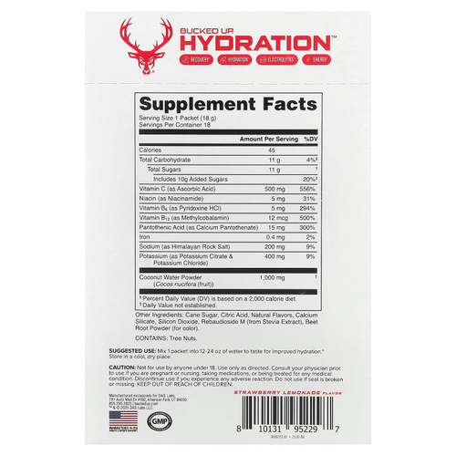 Bucked Up, Hydration™, клубничный лимонад, 18 пакетиков по 18 г (0,6 унции)