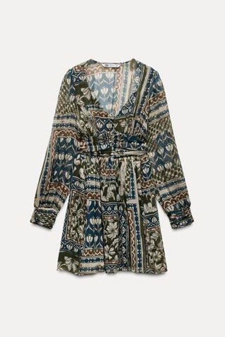 ZARA МИНИ-ПЛАТЬЕ С ПРИНТОМ И БЛЕСТЯЩЕЙ НИТЬЮ, РАЗНОЦВЕТНЫЙ
