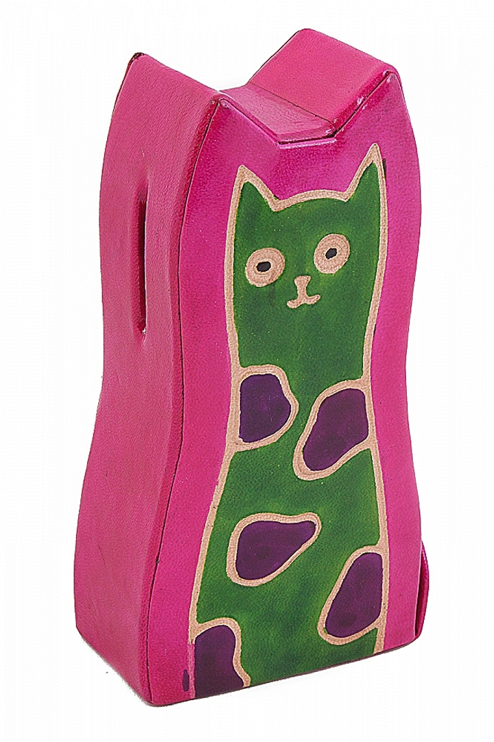 Копилка под мелочь "Кошка", цвет розовый, зеленая кошка, натуральная кожа ручной принт