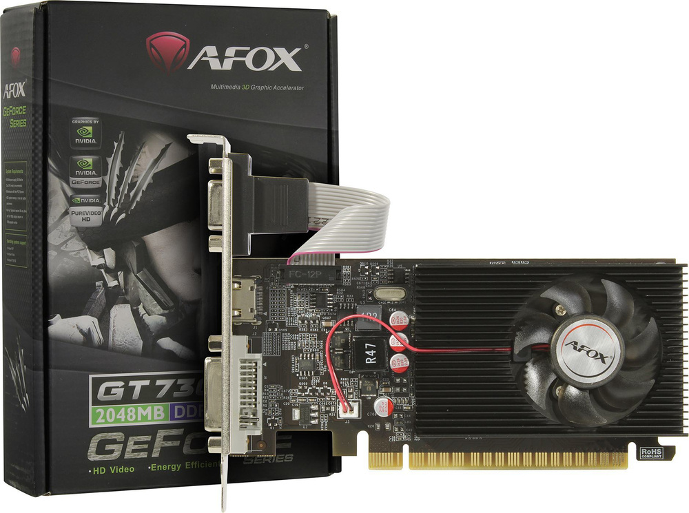 Видеокарта AFOX NVIDIA GeForce GT730, 2Гб GDDR3, 128 бит, LP, Retail, PCIe2.0, 1xFAN, 1-SLOT, 25Вт, VGA, HDMI, DVI (AF730-2048D3L5)