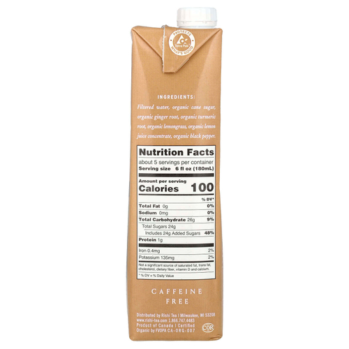 Rishi Tea, Концентрат органического чая, чай с куркумой и имбирем, без кофеина, 946 мл (32 жидк. унц.)