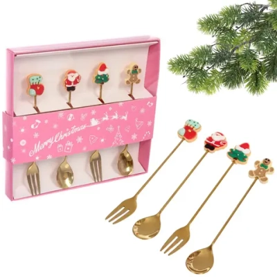 Набор для десерта «Символы праздника» 4предмета (2ложки+2вилки) в подарочной коробке,цвет золото