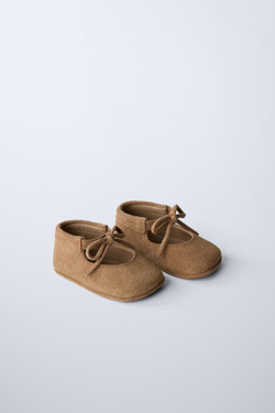 ZARA КОЖАНЫЕ БАЛЕТКИ С БАНТОМ, КОРИЧНЕВЫЙ