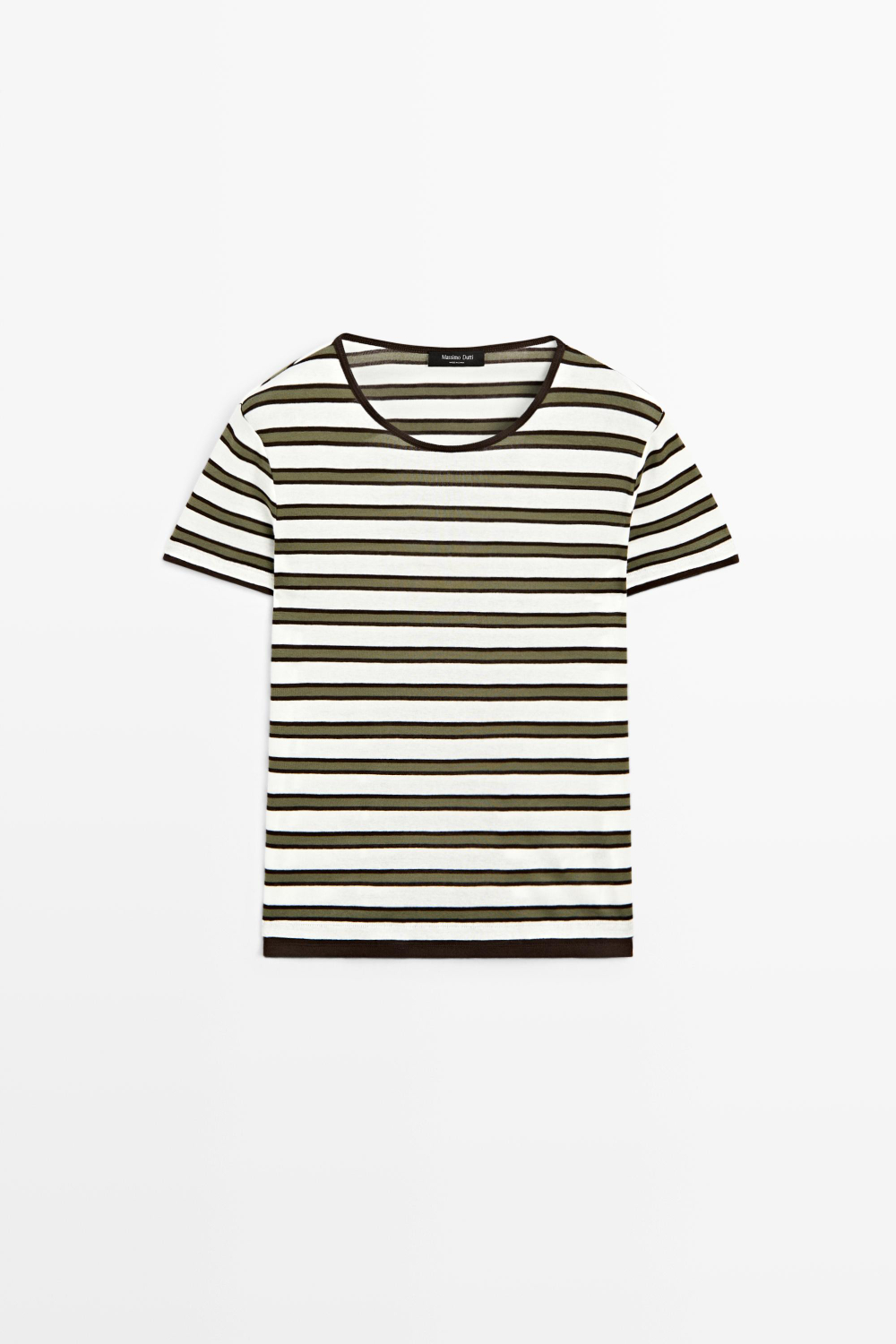 Massimo Dutti Хлопковая футболка в полоску с короткими рукавами, хаки