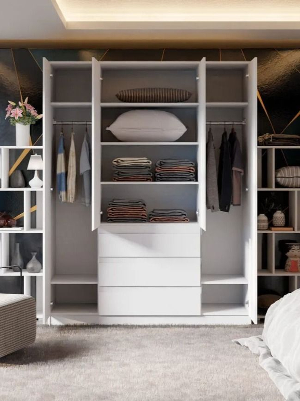 РЕКЛАМАЦИЯ Шкаф для одежды распашной 4 двери 3 ящика Марм 161х51х208 см со штангой и полками