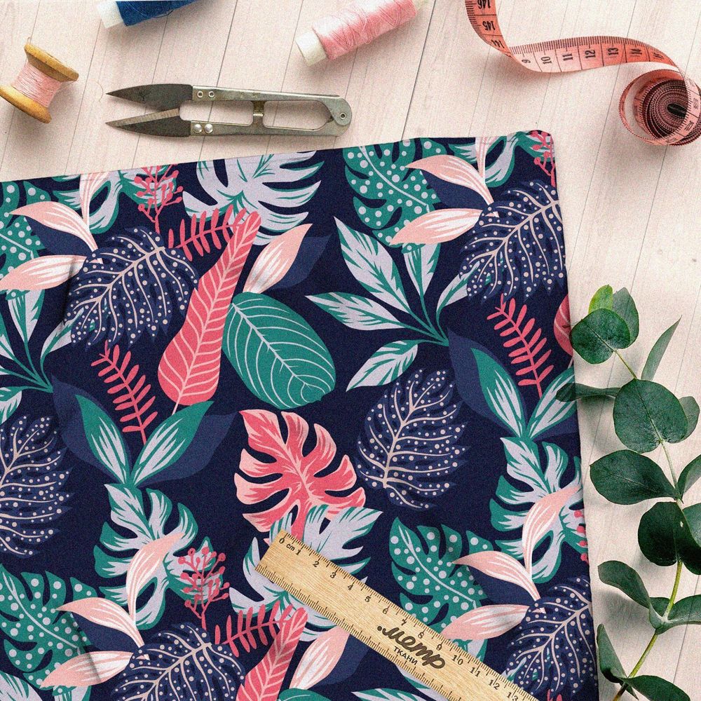 Ткань бифлекс яркие листья монстеры